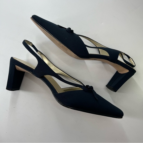 Y2K Madeline Bow Square Toe Sling Back Heels 8.5 navy Fabric Chunky Heel - Picture 9 of 15